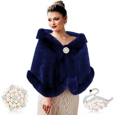 Faux Fur Shawl Wraps Womens 2 Rhinestone Brooches Wedding Bridal Cape Coat