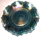 VINTAGE BLUE CARNIVAL GLASS BOWL/PLATE 10” IRIDESCENT DIAMOND POINT RUFFLE EDGE.
