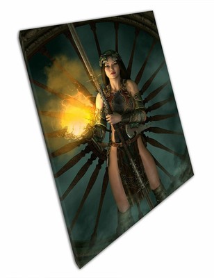 Fantasy Art Lady Krieger mit Feuerball & Langschwert fertig zum Aufhängen Leinwandbild