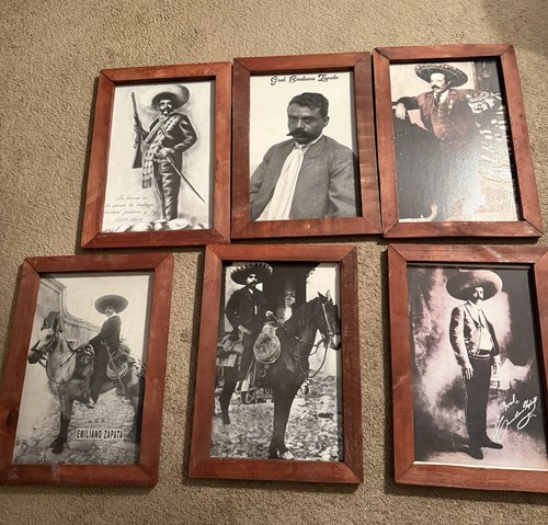 Set of 6 Framed Mexican Black & White Emiliano Zapata Historical Prints
