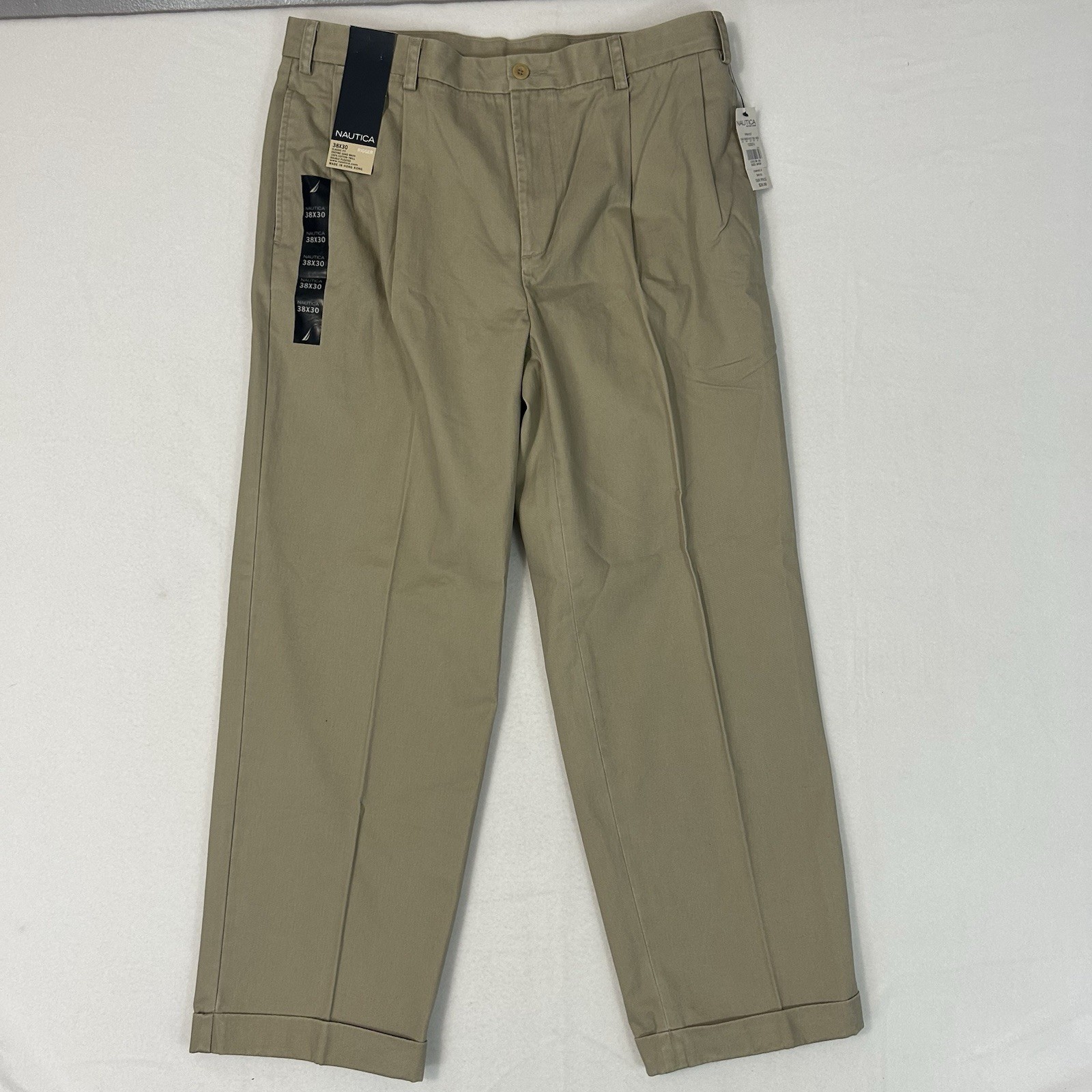 Nautica Men's Beige Pleated Cuffed Wrinkle-Free Chino Pants 38x30 NWT