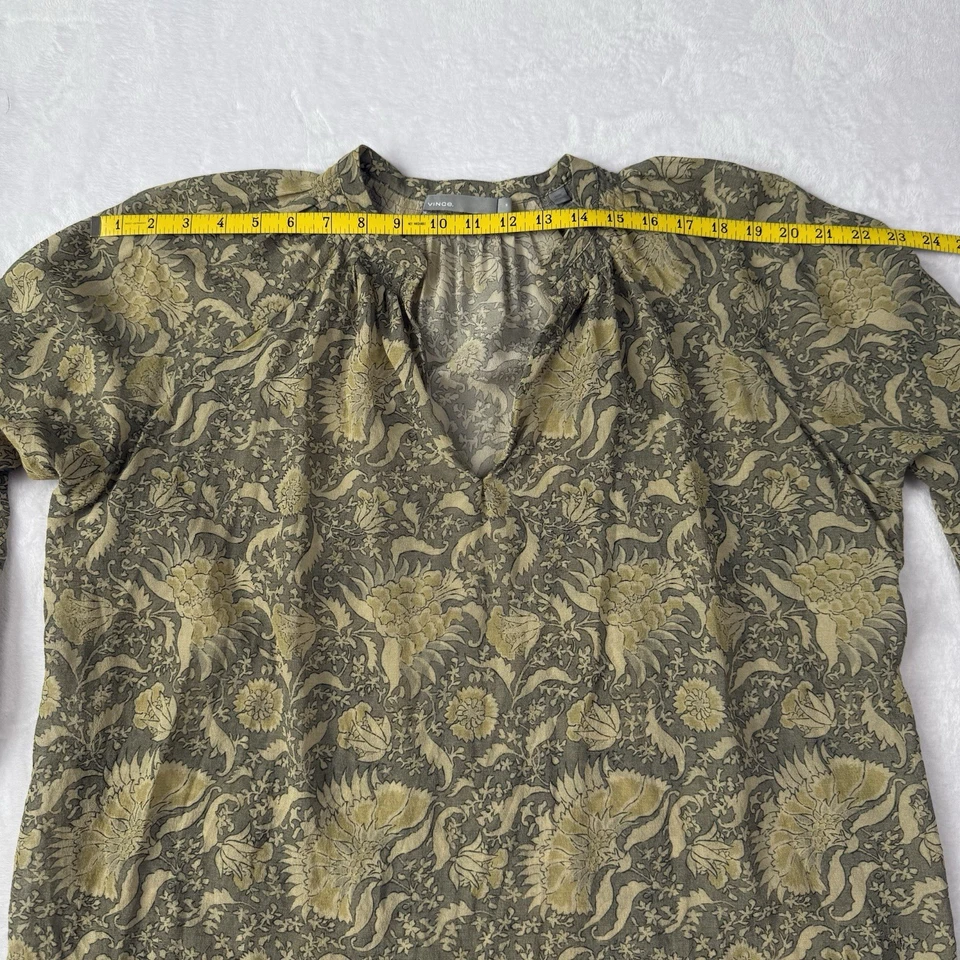 VINCE Blouse M Silk Top Moss Green Yellow Floral Garden Boho Long Sleeve V Neck - Image 3 of 4