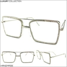 Oversized Classy Elegant Clear Lens EYE GLASSES Square Silver Frame Rhinestones