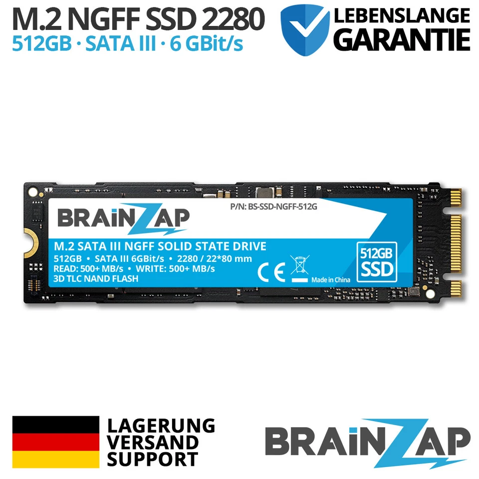 BRAINZAP 512GB SSD - M.2 NGFF 2280 SATA III 6 Gbit/s - 550 MB/s Interne SSD