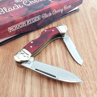 Rough Ryder Pocket Knife Stainless Steel Blades Black Cherry Smooth Bone Handle