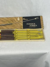 VTG MCM Fondue Set 6 Stainless Steel Teak Wood Forks Handle Color Coded Japan