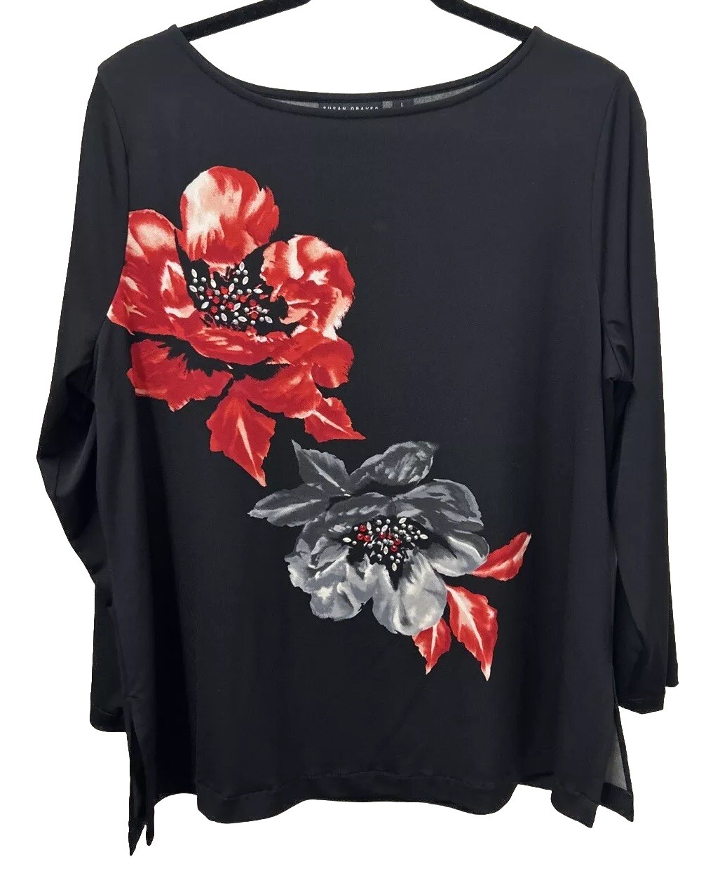 Susan Graver Women Blouse Tunic Black L Embellished Artisan Rose Floral Romantic