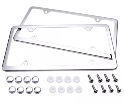 2PCS SLIM CHROME STAINLESS STEEL LICENSE PLATE FRAME SCREW CAP /SLIM 4 HOLE CF-2