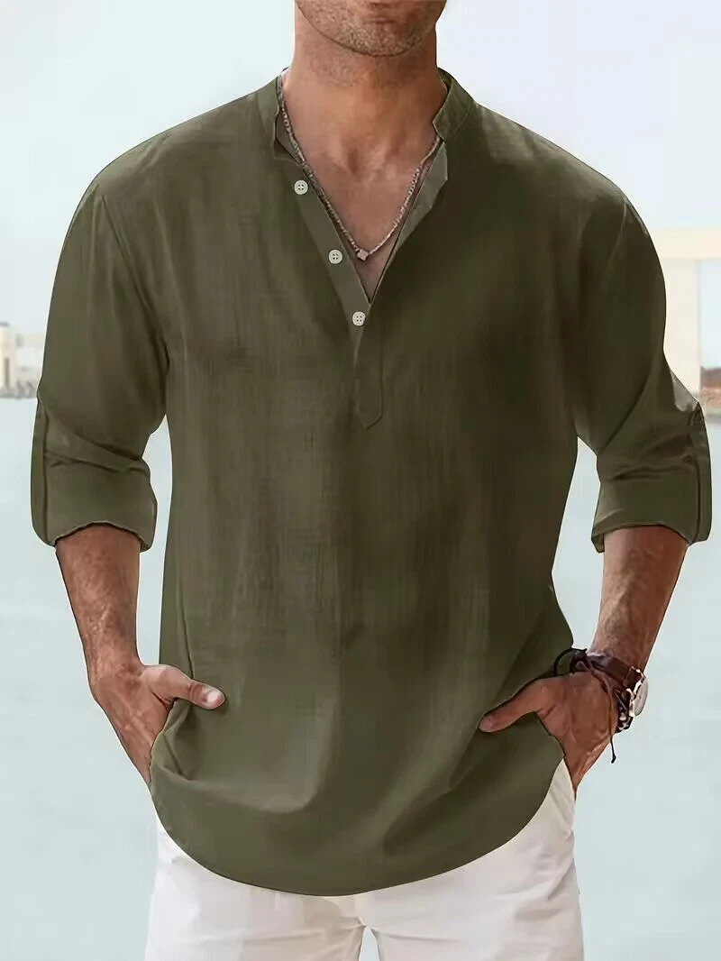 Men Casual All-match Solid Long Sleeve Shirt With Button & V Neck  Green - Picture 1 of 4