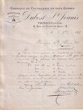 THIERS - LETTRE DUBOST SAINT JOANIS - COUTELLERIE EN TOUS GENRES - 1897