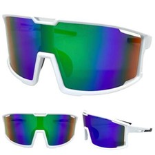 OVERSIZED SPORTS WRAP AROUND Biker Cycling Shield SUN GLASSES Large White Frame
