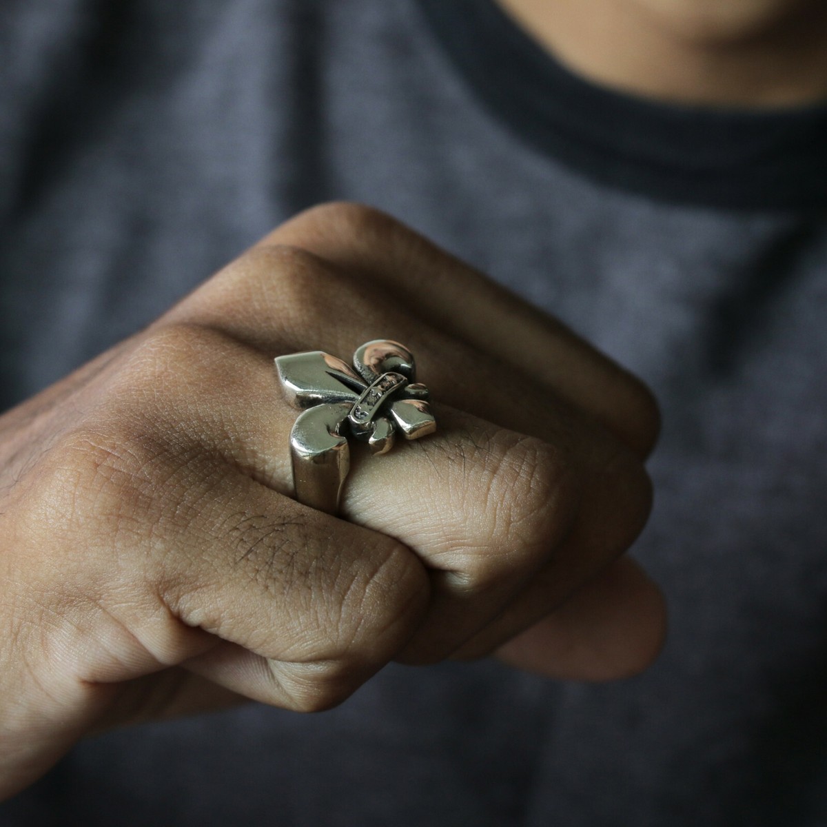 Fleur De Lis CROSS RING sterling silver 925 gothic Biker KNIGHT 