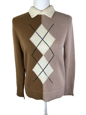 Arch4 Two Tone Brown 100% Cashmere Collared Argyle Sweater Sz XS