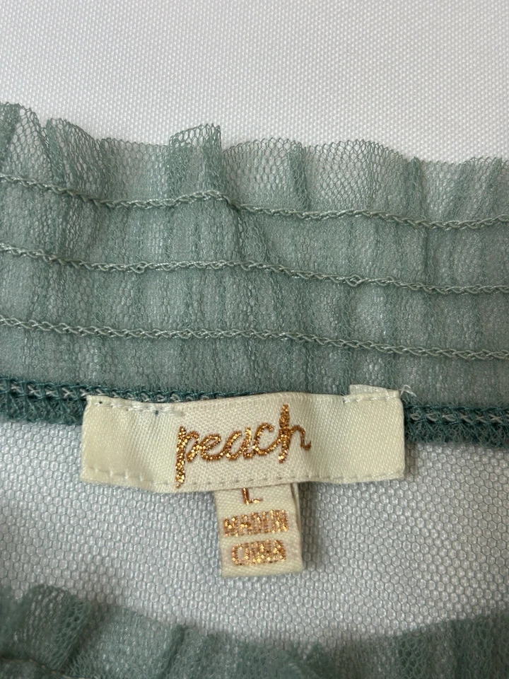 Peach Blouse Womens L Green Sheer Lace Long Sleeve Ruffle Trim Romantic Top - Image 3 of 4