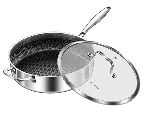 Tri-Ply Stainless Steel 12 Inch Deep Frying Pan with Lid 6QT Saute Pan Nonstick