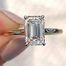 Emerald Cut Moissanite Hidden Halo Engagement Ring In 14K Multi-Tone Gold Plated