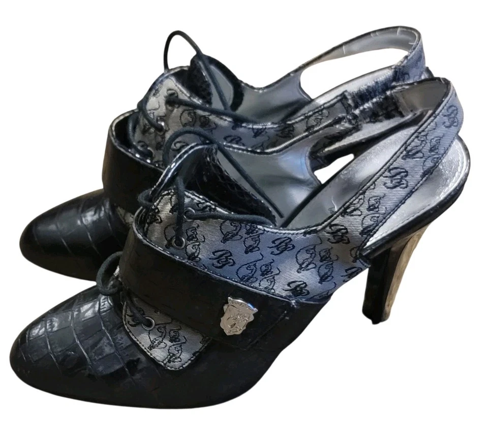 Y2K Baby Phat Sz 9 Womens Black Patent Leather Fold Over High Heel Booties FLAW - Image 2 of 4