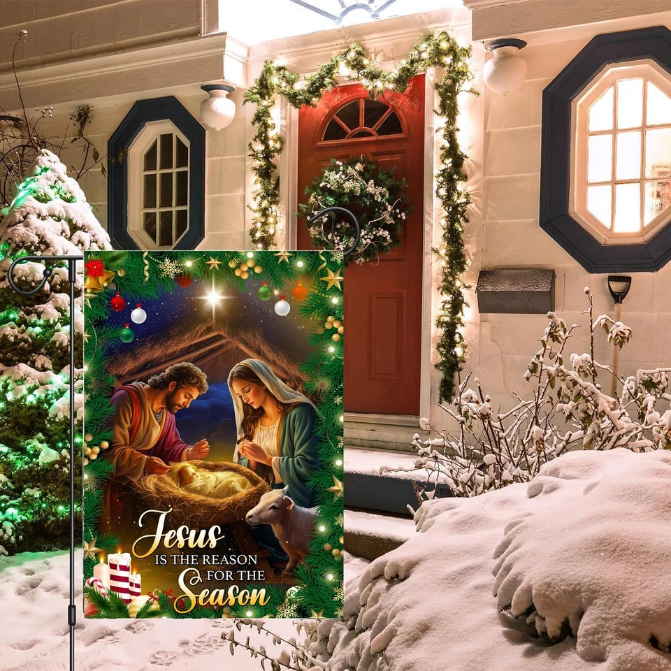 Jesús es la razón de la temporada belén religioso cristiano bandera de Navidad - Foto 4 de 4