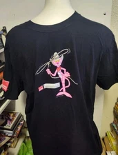 HARD TO FIND OWENS CORNING PINK PANTHER T SHIRT ROOFER COWBOY ROPING BLACK LARGE