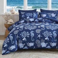 Coastal Queen Size Comforter Set 7 Piece, Soft Beach Themed Comforter Ocean Naut