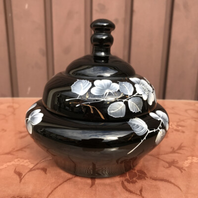 Tin Black Glass Hyalite Glass Jar Black Glass Vintage Antique Old Art Deco