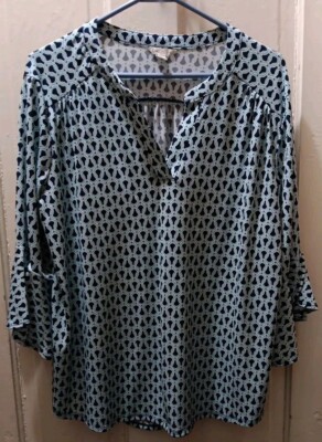 Cato Est. 1946 Tunic Blouse Woman Size Large Blues Bell Sleeve Top Geometric