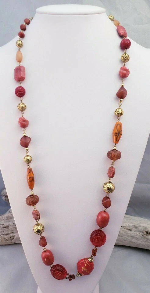 Robert Rose Red Orange Carved Lucite Mixed Beaded Filigree Gold Tone Necklace - Image 3 of 4
