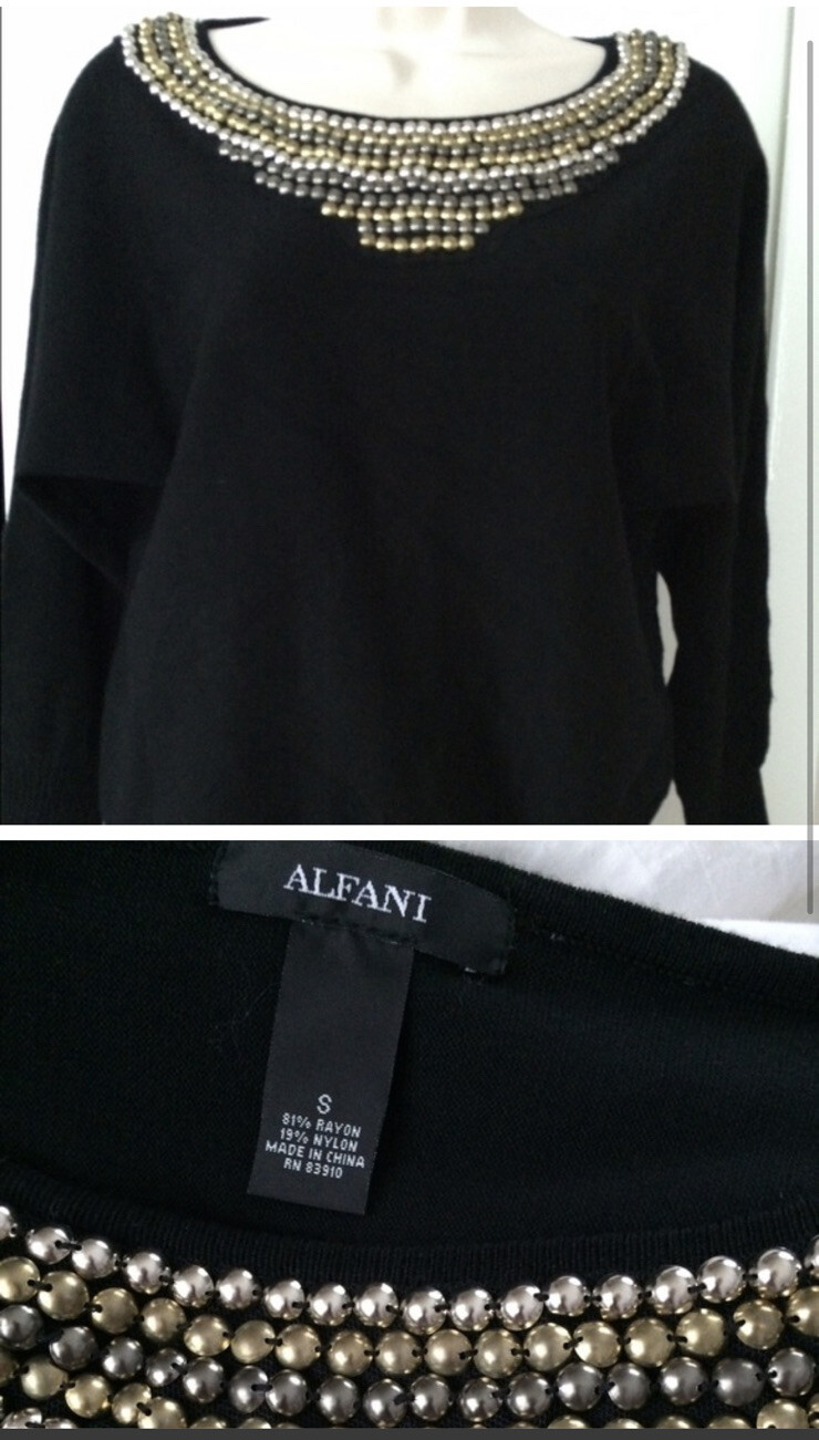 Womens black dressy sweater Alfani Black Beaded LongSleeve Sweater