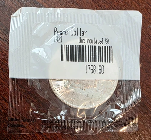 1923 Peace Silver Dollar Uncirculated 60 • Sealed by Littleton Coin Co