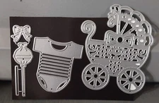 Metal Die Cut Emboss Stencils 3pc Baby Stroller Rattle Outfit Crafting