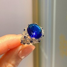 4Ct Oval Lab Created Blue Sapphire Halo Engagement Ring In 14K White Gold Plated