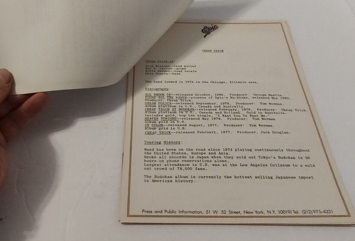 Cheap Trick HUGE Press Release/Photo Package 1977-1980 RARE HTF Comita Petersson