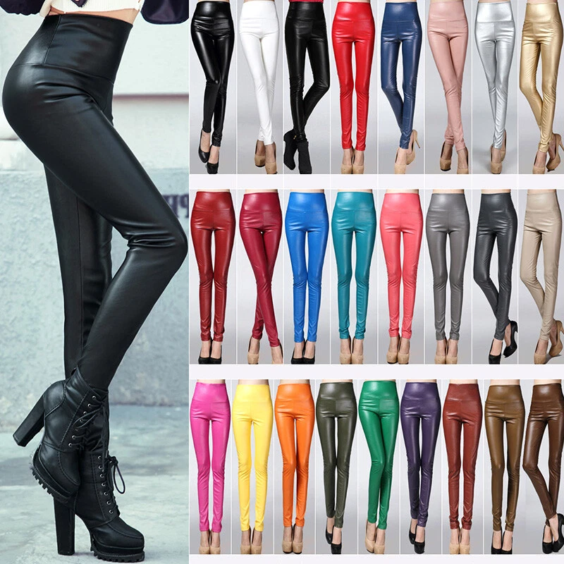 Womens Faux PU Leather Leggings Sexy Wet Look High Waist Stretch Pants  Trousers