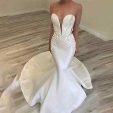 Vintage V-neck Satin Applique Mermaid Wedding Dresses Sweep Train Custom Made