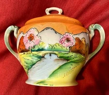 VINTAGE JAPAN Lusterware Sugar Bowl w/lid-River & Bridge Scene Hand Painted-GUC