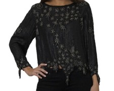 VTG 80s Black Gold Women's Sequin Beaded S/M Blouse with Fringe Trim Holiday