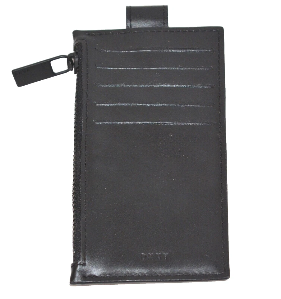 DKNY ID Card Holder Leather Card Case Wallet Zip Pouch Black - Image 2 of 3