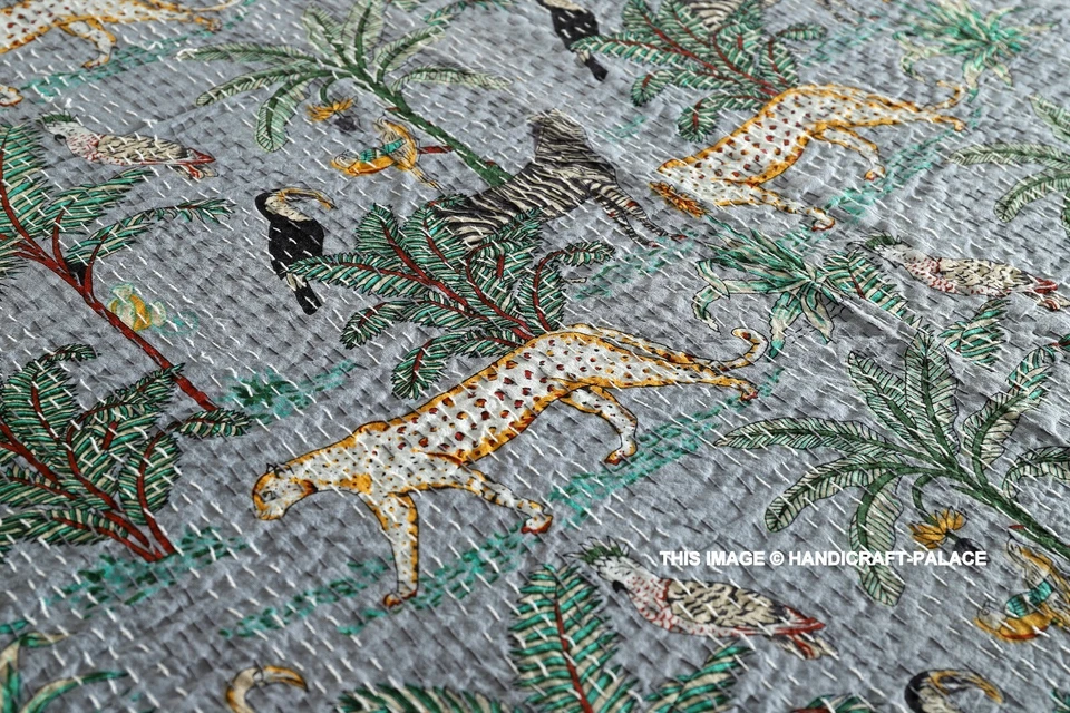 Manta gris hecha a mano con edredón Kantha animal tigre tamaño queen Boho Gudari Foto 2 de 4