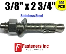 (QTY 100) 3/8" x 2 3/4" Concrete Wedge Anchor Stainless Steel Grade 304 