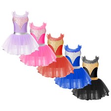 Kids Girls Leotard Skirt Shiny Dress Tulle Tutu Straps Dancewear Latin Costume