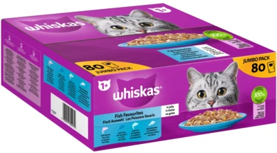 WHISKAS 1+ Nassfutter 4 Sorten Katzenfutter Fisch in Gelee 80x85g