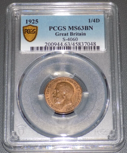 PCGS GREAT BRITAIN 1925 FARTHING 1/4D MS63BN MS 63 BN England Certified UK Coin - Picture 1 of 4