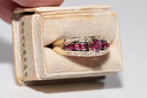 Vintage Circa 1980s 14k Gold Natural Diamond And Ruby Decorated Band Ring - Picture 2 of 16