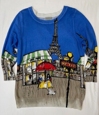 JOSEPH A. Women's Blouse Top Size: L  Eiffel Tower Paris Cafe Theme  Multi-Color