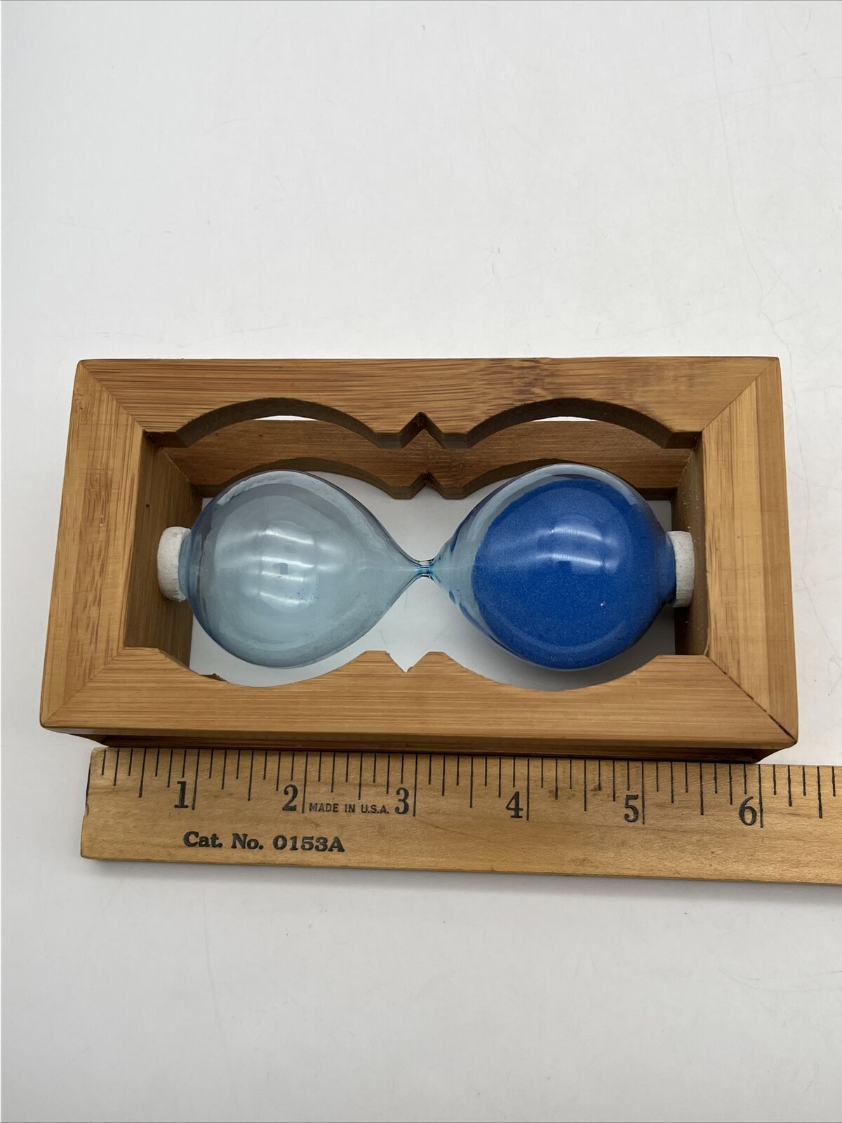 VTG Hourglass Artisan Handcrafted Bamboo Wood Frame 6 min. Timer Blue Sand Logo