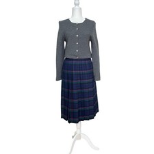 Vintage Deans of Scotland 100 Wool Blue Tartan Plaid Pleated Midi Skirt Size 6