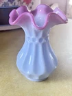 FENTON HTF GLOSSY THUMBPRINT  FLUTE & DOT BLUE BURMESE VASE MADE 1983-85 #9050