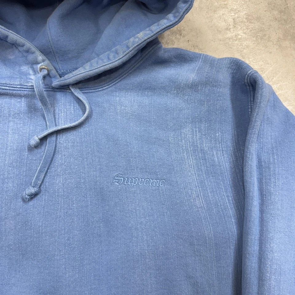 Supreme Hoodie Mens Small Blue Gothic Script Logo Pullover Sweatshirt Faded - Image 3 of 4