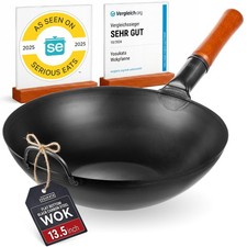 YOSUKATA 13.5" Carbon Steel Wok Pan &ndash; Pre-Seasoned Flat Bottom 13.5, Black