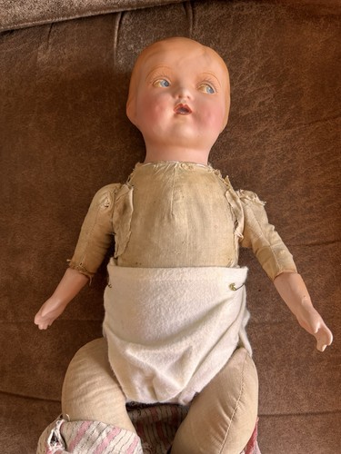 Vintage 1930er Komposition Excelsior Stofftier geformtes Haar blaue Augen entzückende Puppe - Bild 14 von 22